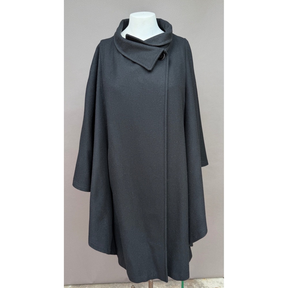 Vintage Black Wool Blend Asymmetric Button Cape Coat One Size Draped Goth Cloak